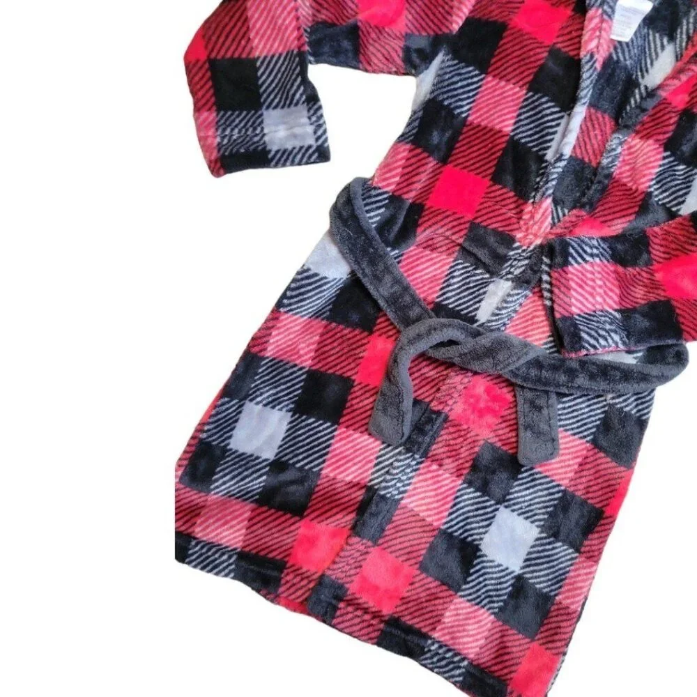 Boys M 8/10 Cuddl Duds Moose/Deer black/red Checkered Plaid Winter Hooded Robe